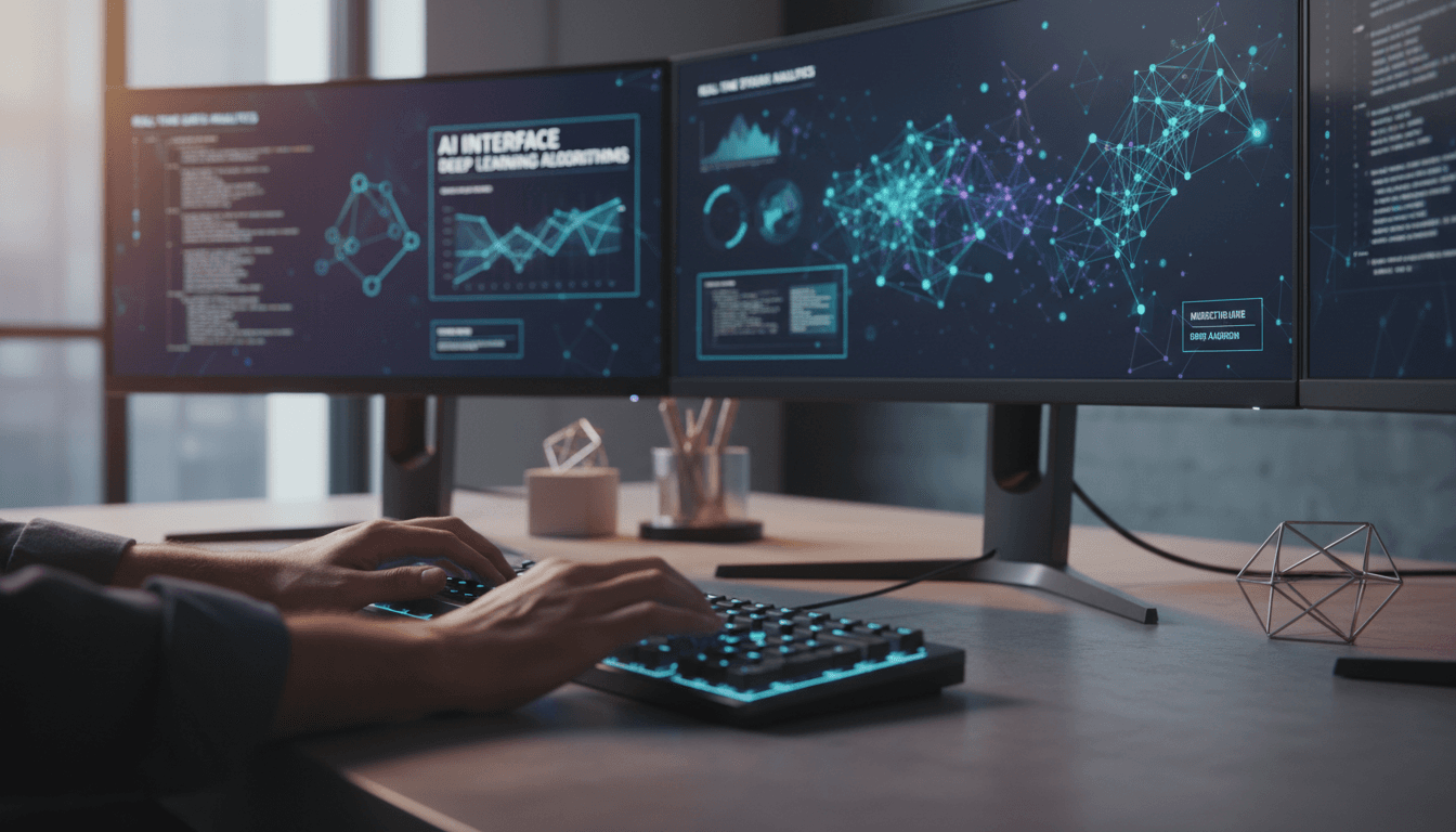 Developer working on AI software implementation at a modern tech workspace