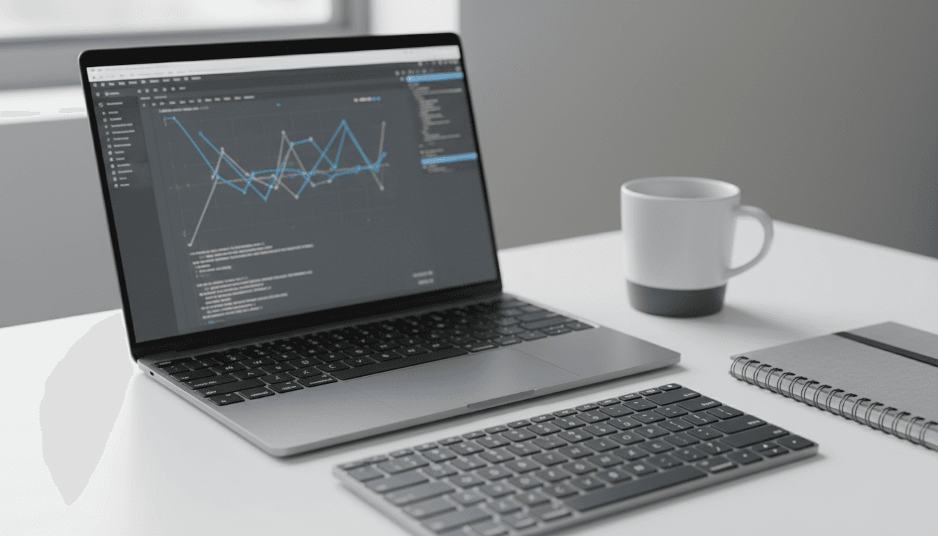 Developer working on AI software at modern workspace with laptop and code displayed
