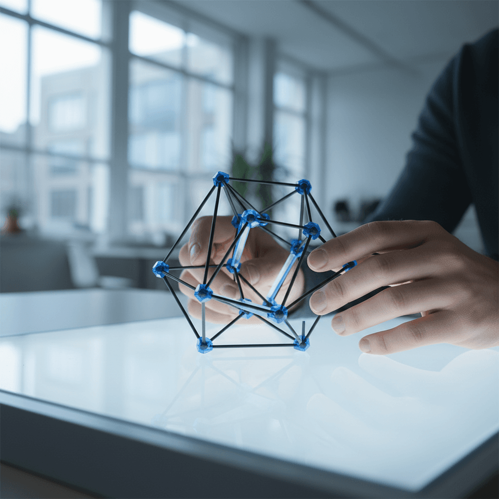 Integrity first - hands examining geometric wireframe with care